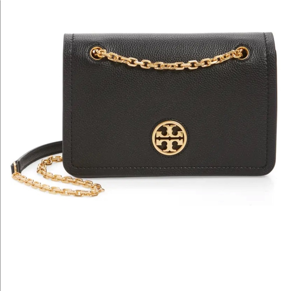 Tory Burch Black Leather Crossbody with Gold Chain